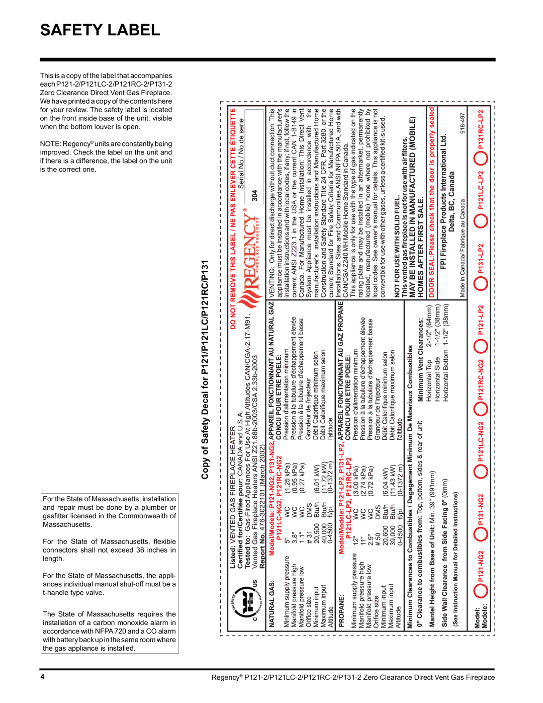 Regency installation manual Safety Label, Copy of Safety Decal for P121/P121LC/P121RC/P131 