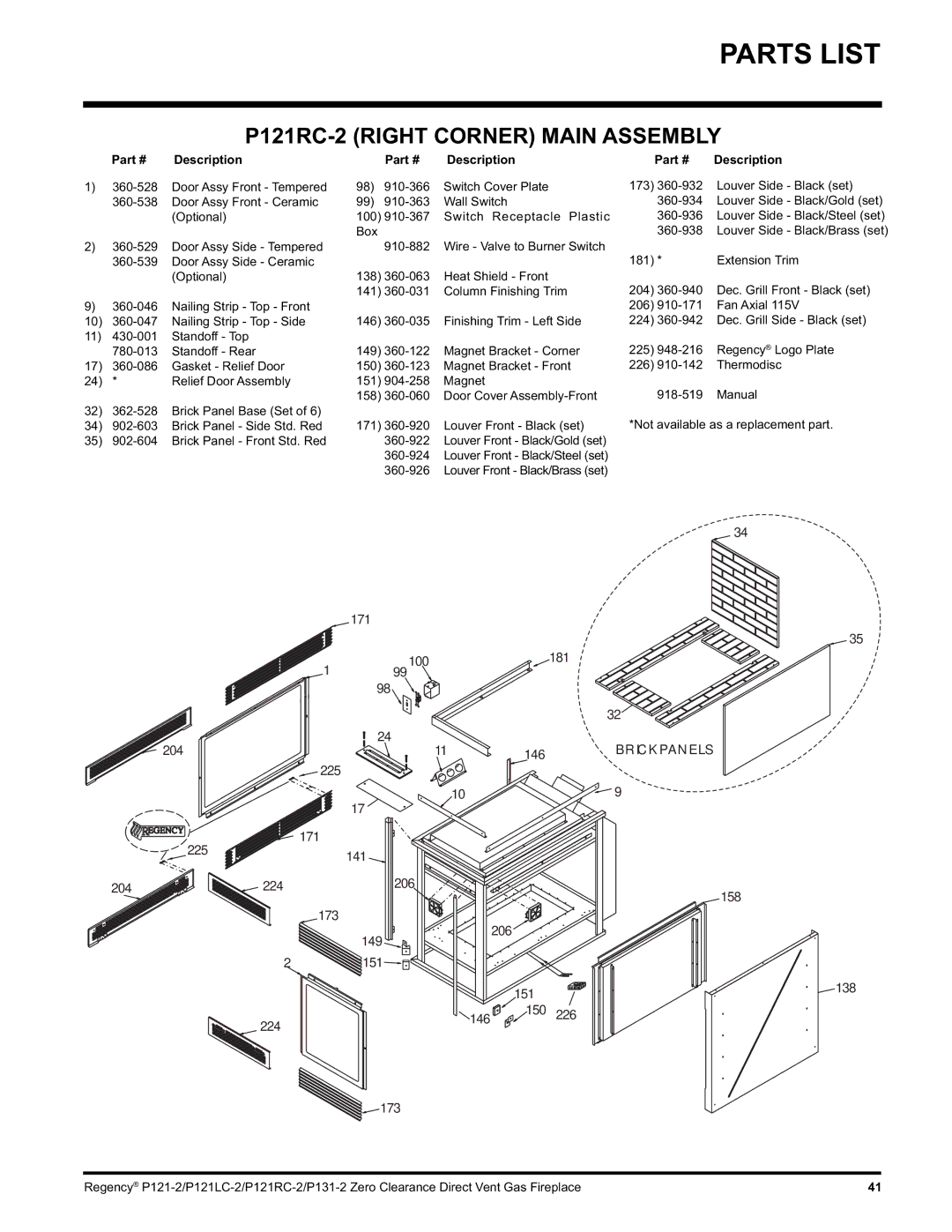 Regency P121LC, P131 installation manual P121RC-2 Right Corner Main Assembly, 204 225 