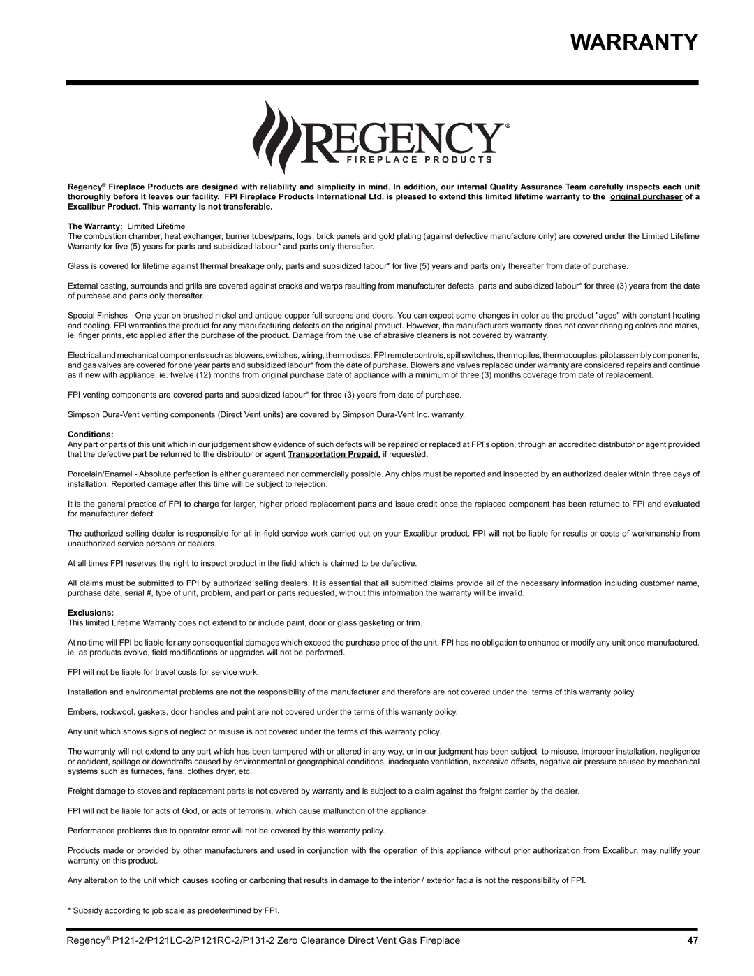 Regency P131, P121RC, P121LC installation manual Warranty, Conditions 