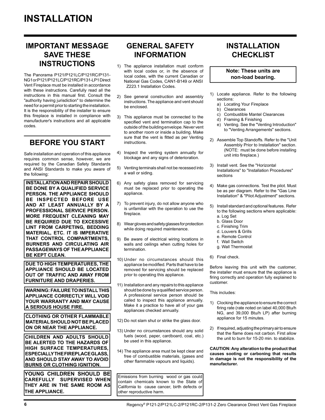 Regency P121LC, P131 Installation, Important Message Save These Instructions, Before YOU Start, General Safety Information 