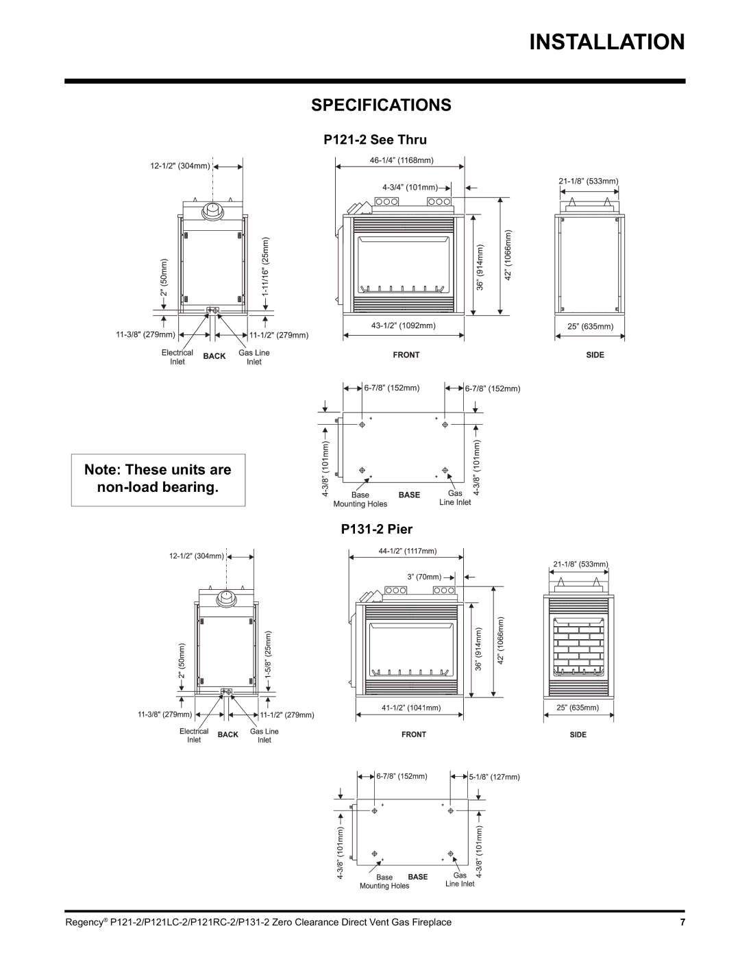 Regency P131, P121RC, P121LC installation manual Specifications, Non-load bearing 