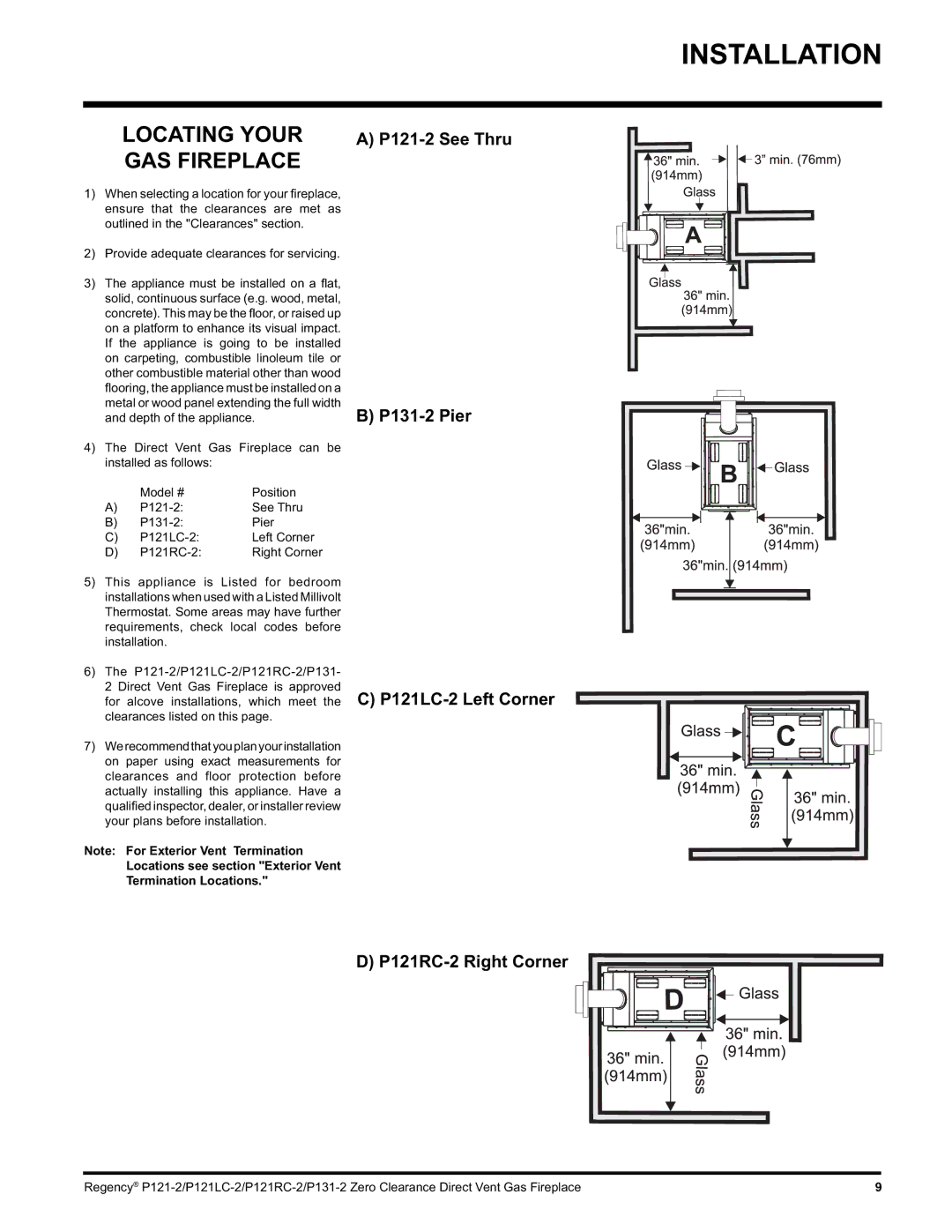 Regency P121RC, P121LC, P131 Locating Your GAS Fireplace, Locations see section Exterior Vent Termination Locations 