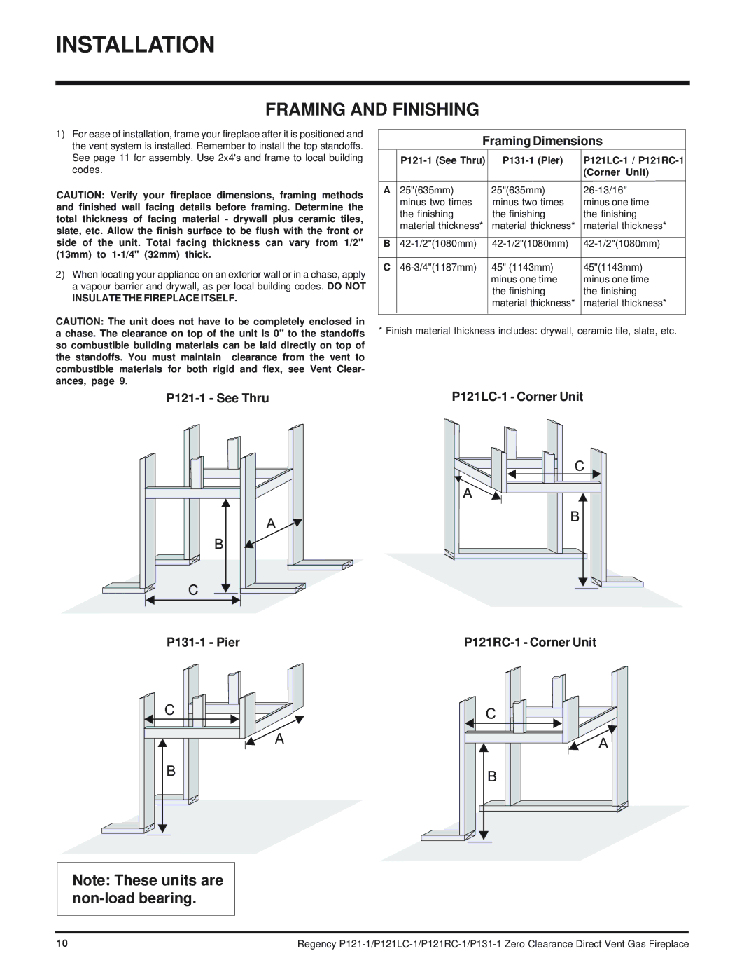 Regency P121LC, P121RC, P131 installation manual Framing and Finishing, P121-1 See Thru Framing Dimensions 