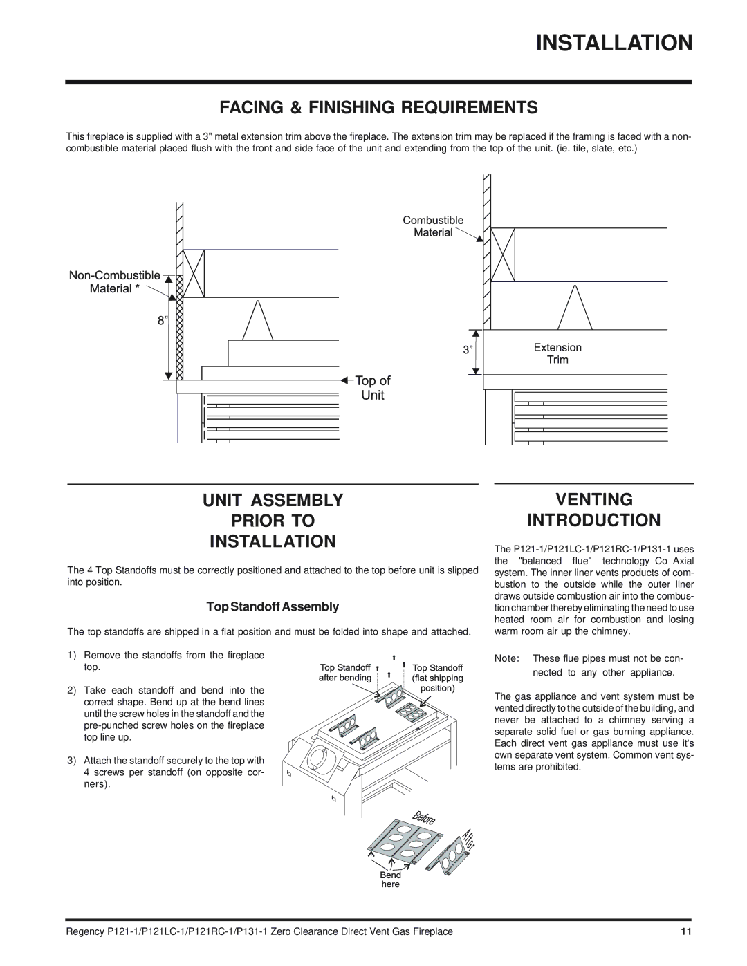 Regency P131, P121RC, P121LC Facing & Finishing Requirements, Unit Assembly Prior to Installation, Venting Introduction 