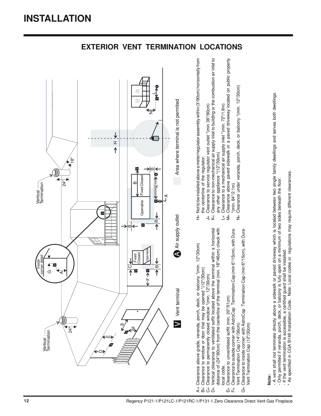 Regency P121RC, P121LC, P131 installation manual Vent, Air supply outlet 