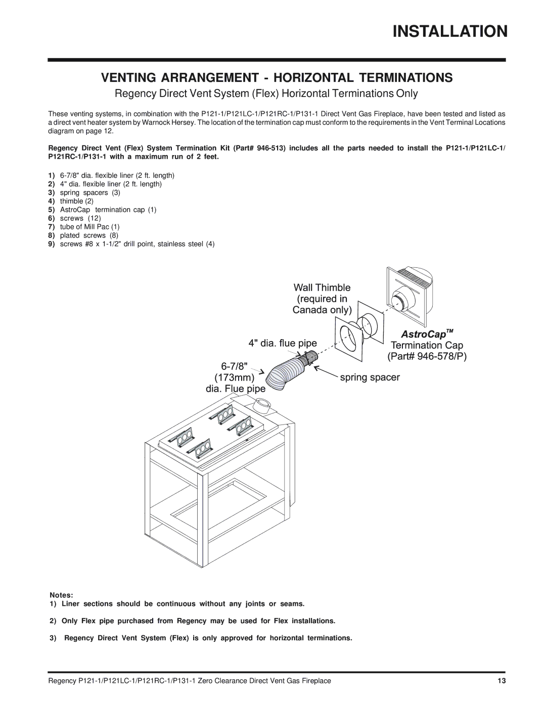 Regency P121RC, P121LC, P131 installation manual Venting Arrangement Horizontal Terminations 