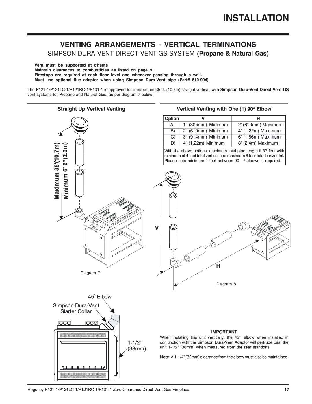 Regency P121RC, P121LC, P131 installation manual Venting Arrangements Vertical Terminations 