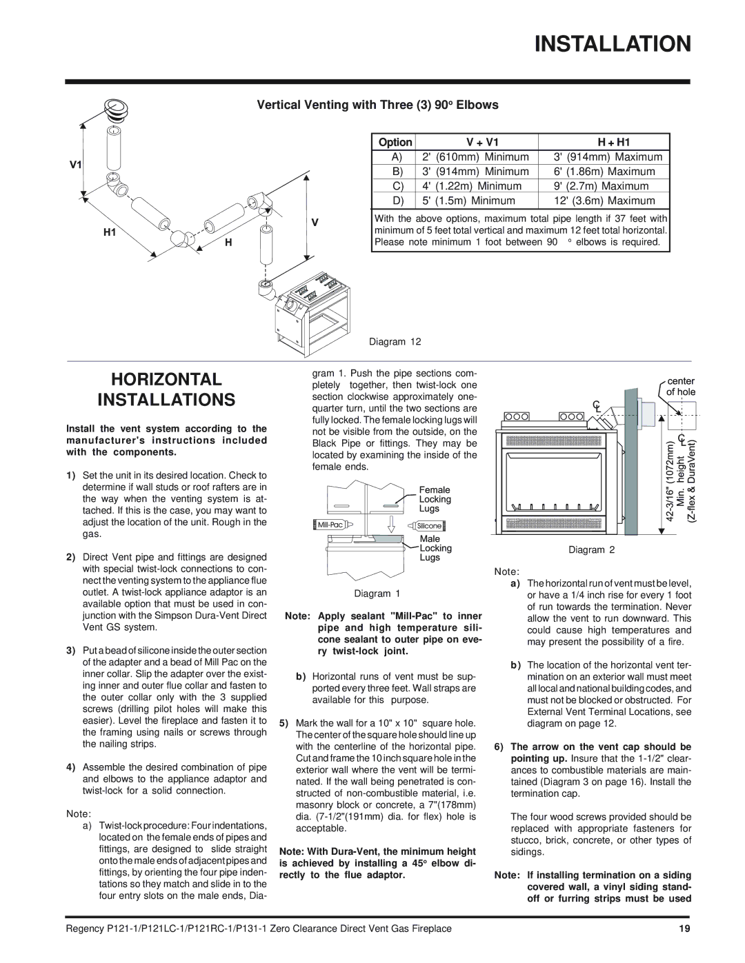 Regency P131, P121RC, P121LC installation manual Horizontal Installations 