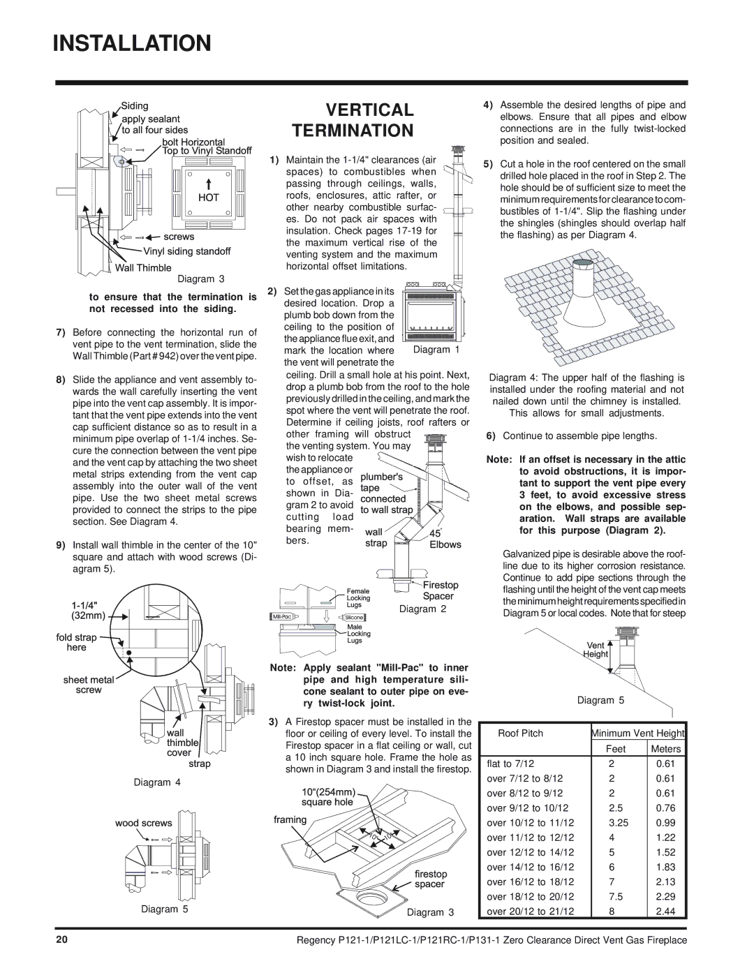 Regency P121RC, P121LC, P131 Vertical Termination, Set the gas appliance in its desired location. Drop a 