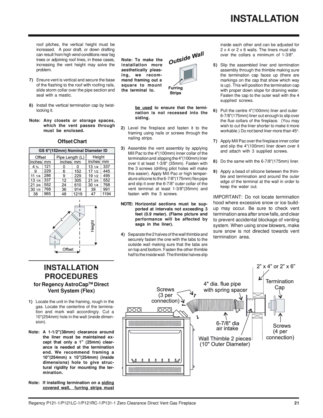 Regency P121RC, P121LC, P131 Installation Procedures, Offset Chart, For Regency AstroCapTM Direct Vent System Flex 