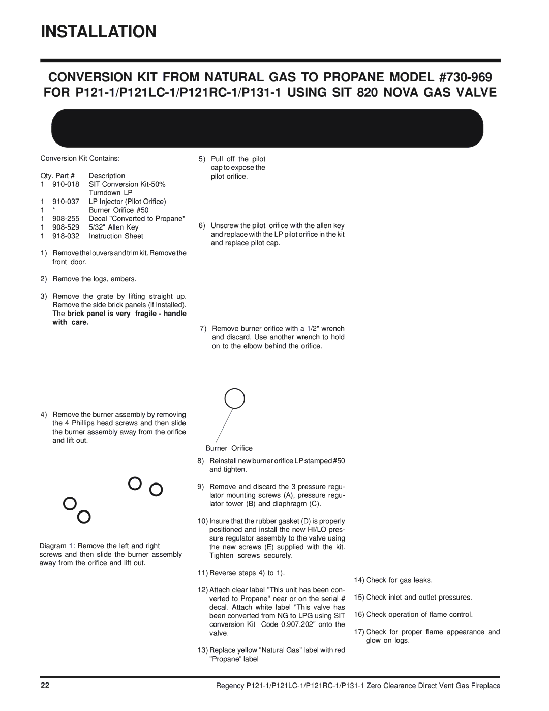 Regency P121LC, P121RC, P131 installation manual Installation 