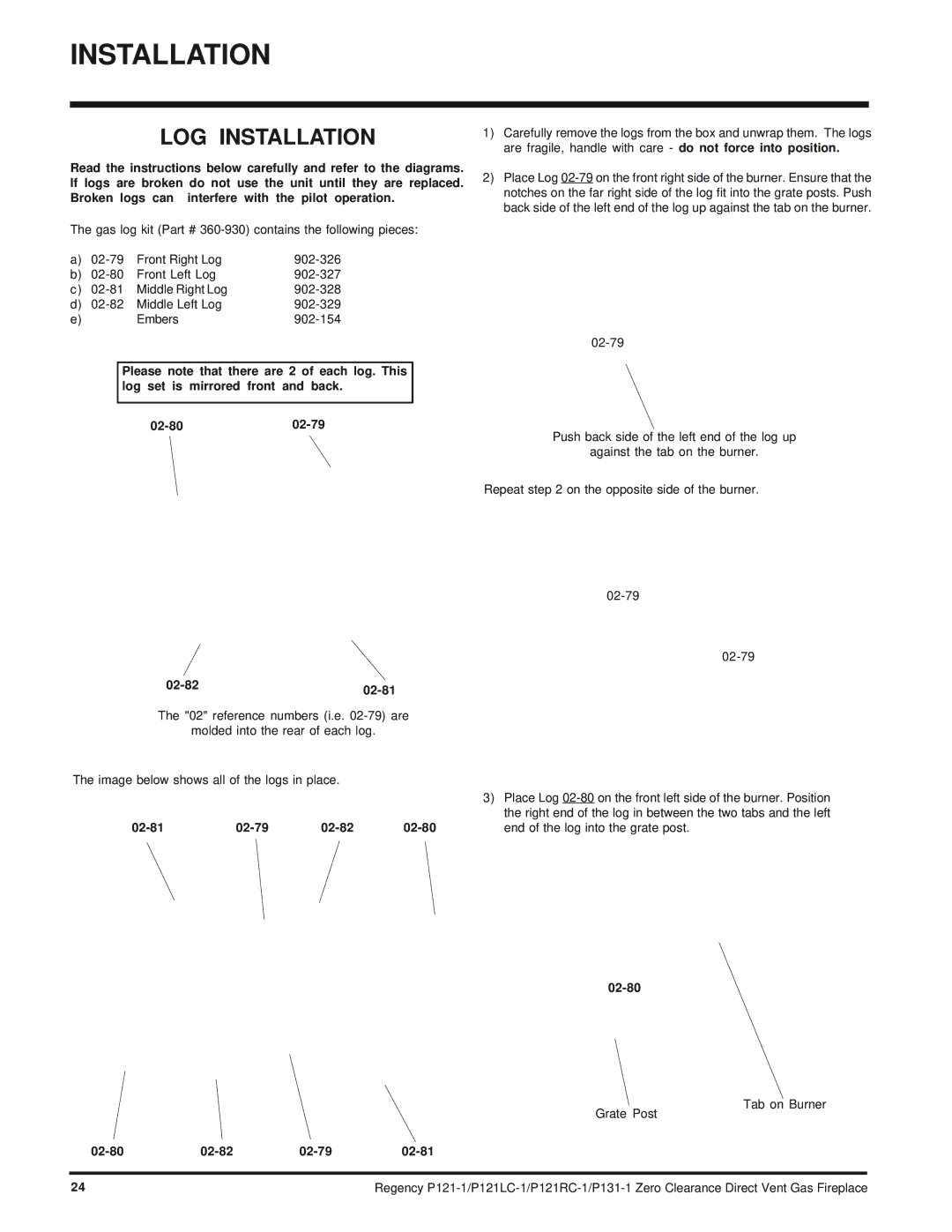 Regency P121RC, P121LC, P131 LOG Installation, 02-82 02-81, 02-81 02-79 02-82 02-80, 02-80 02-82 02-79 02-81 
