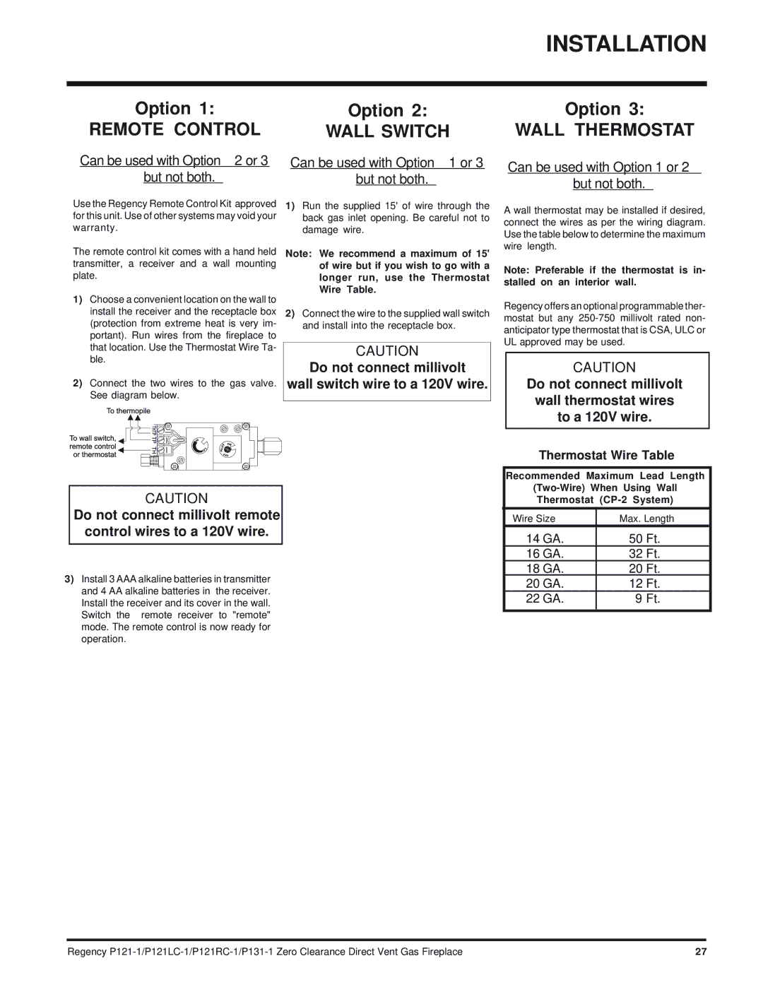 Regency P131, P121RC, P121LC installation manual Remote Control, Thermostat Wire Table 