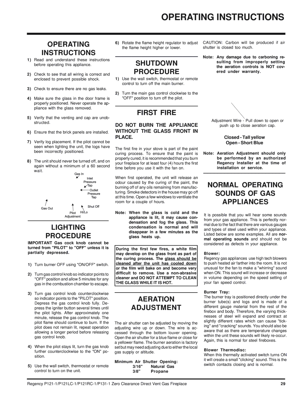 Regency P121RC, P121LC, P131 installation manual Operating Instructions 