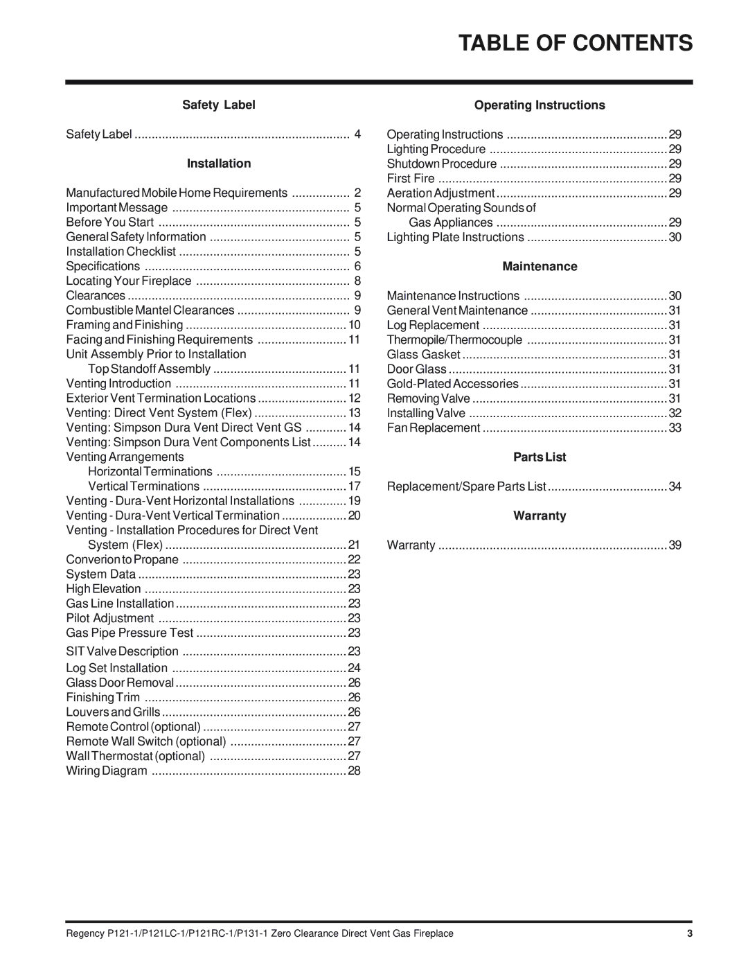 Regency P131, P121RC, P121LC installation manual Table of Contents 