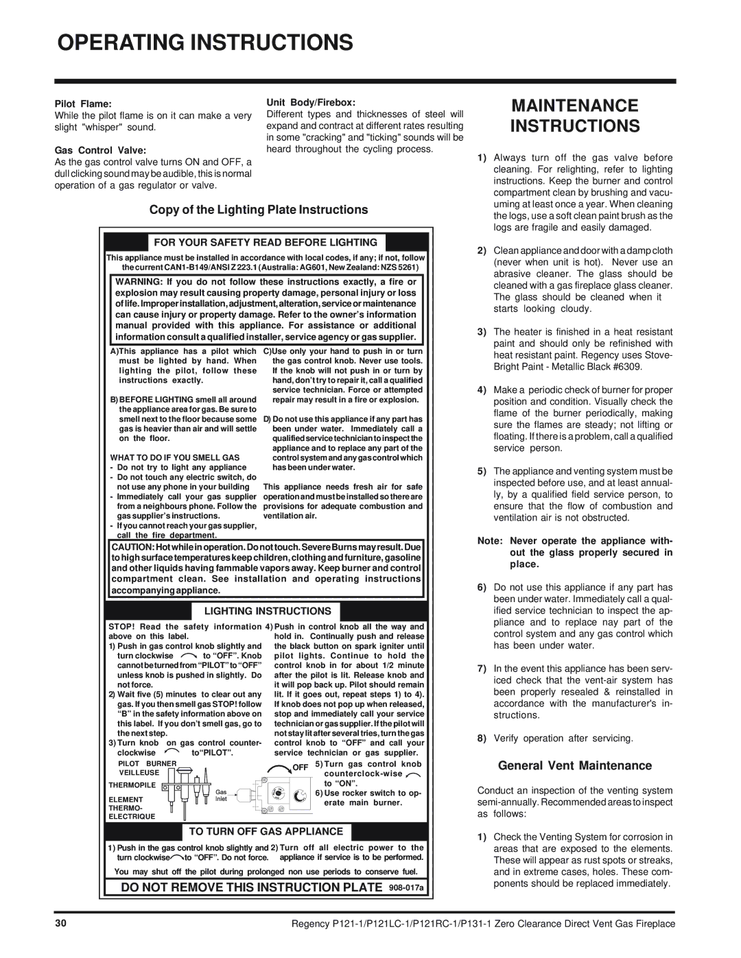 Regency P121LC, P121RC, P131 Maintenance Instructions, Copy of the Lighting Plate Instructions, General Vent Maintenance 