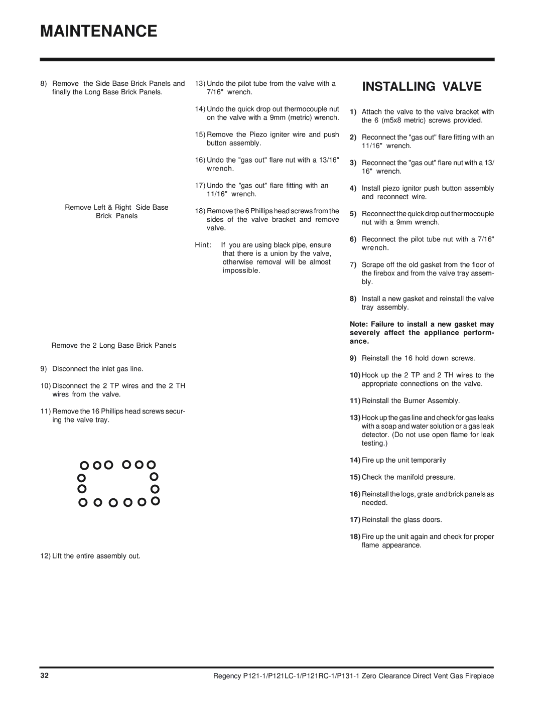 Regency P121RC, P121LC, P131 installation manual Installing Valve 