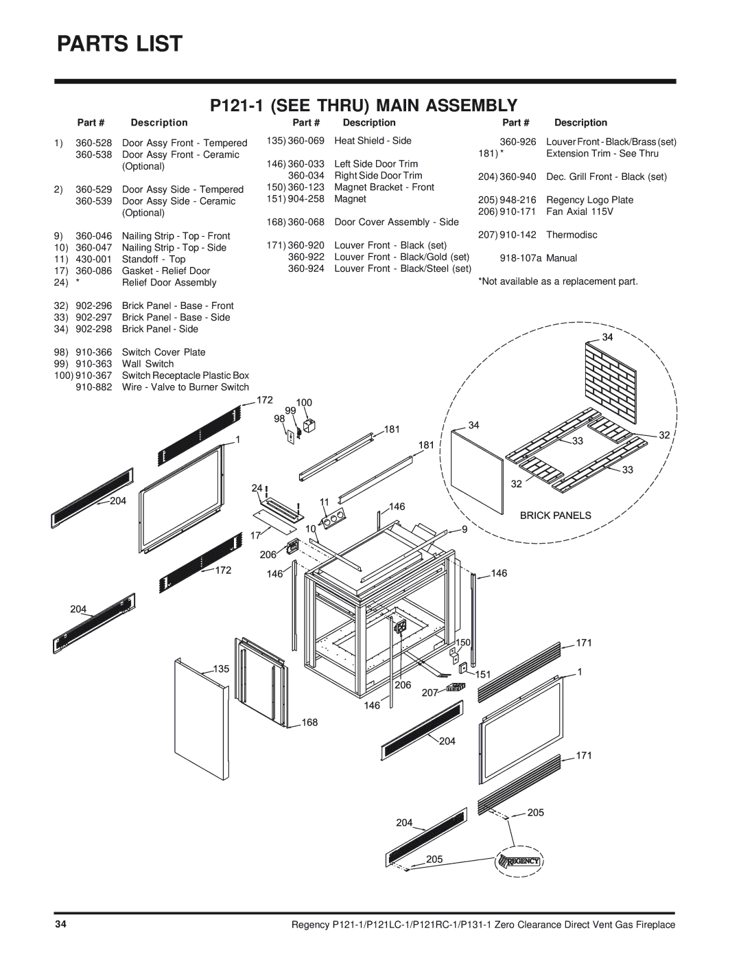 Regency P121LC, P121RC, P131 installation manual Parts List, P121-1 see Thru Main Assembly 