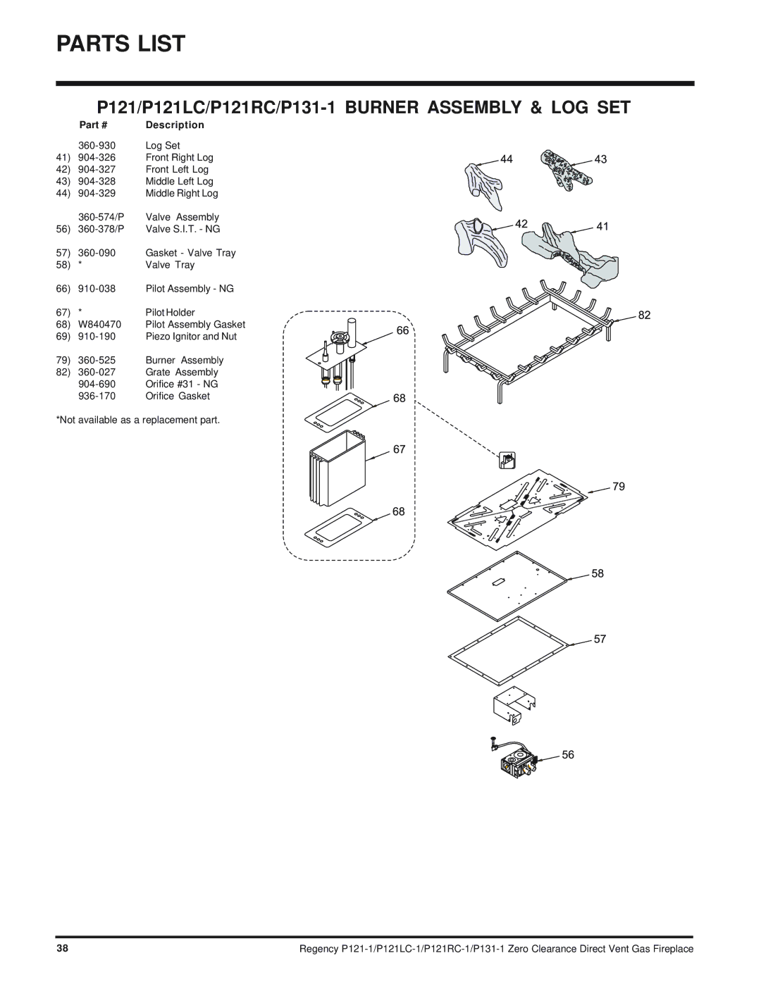 Regency installation manual P121/P121LC/P121RC/P131-1 Burner Assembly & LOG SET 