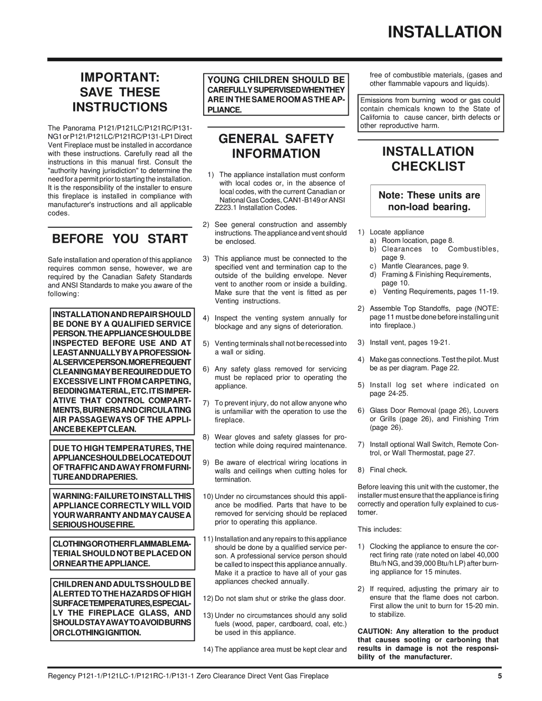 Regency P121RC, P121LC Save These Instructions, Before YOU Start, General Safety Information, Installation Checklist 