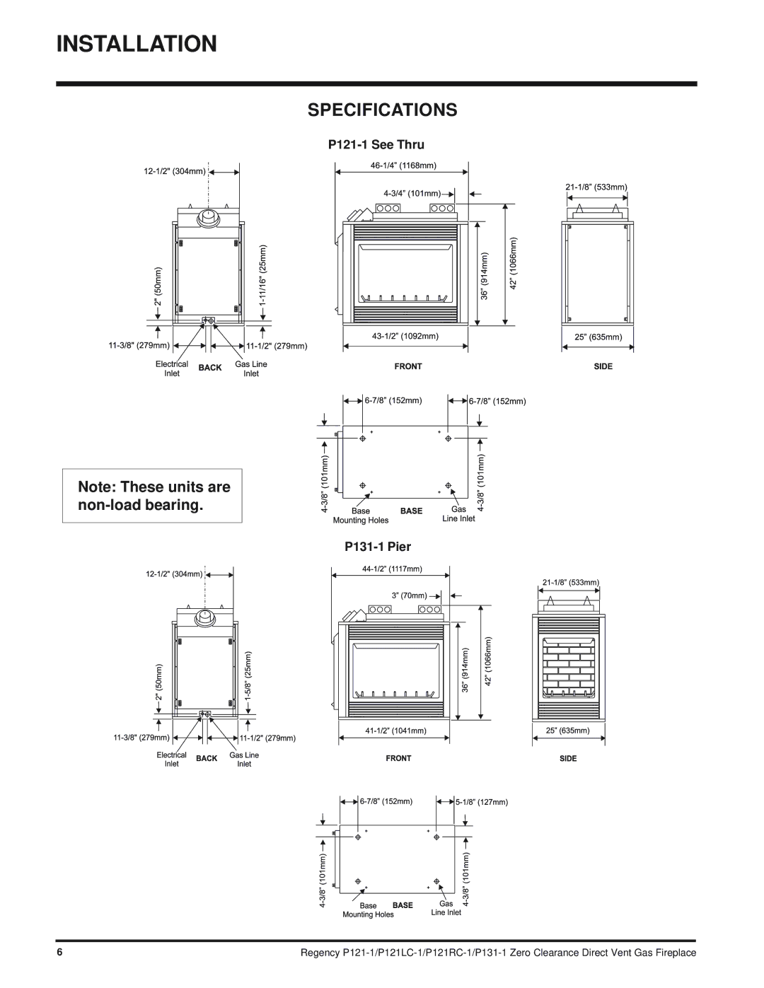 Regency P121LC, P121RC installation manual Specifications, P121-1 See Thru P131-1 Pier 