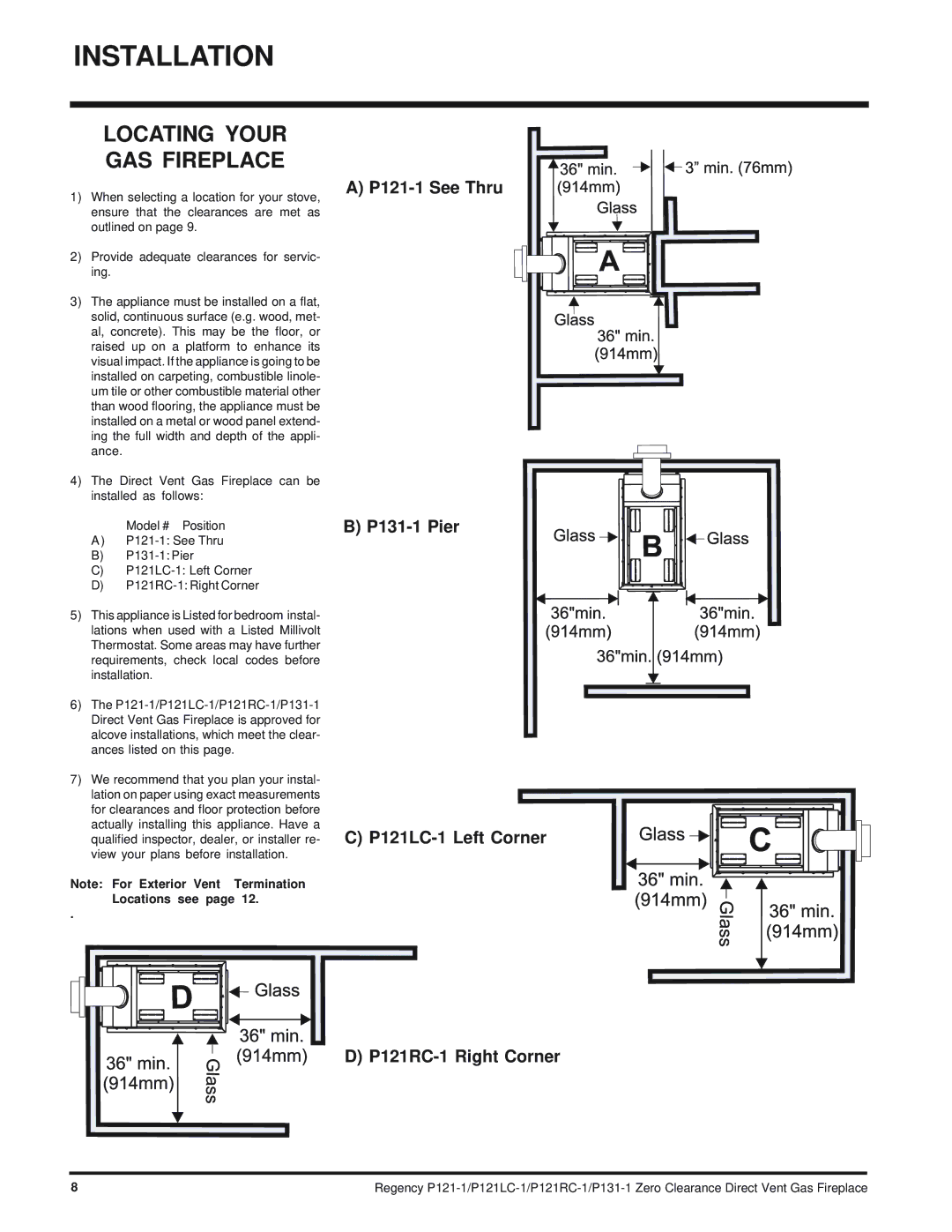 Regency P121RC, P121LC, P131 installation manual Locating Your GAS Fireplace 