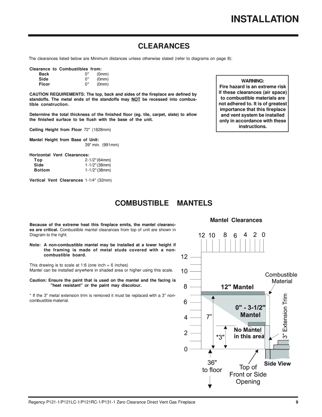 Regency P121RC, P121LC, P131 installation manual Clearances, Combustible Mantels 