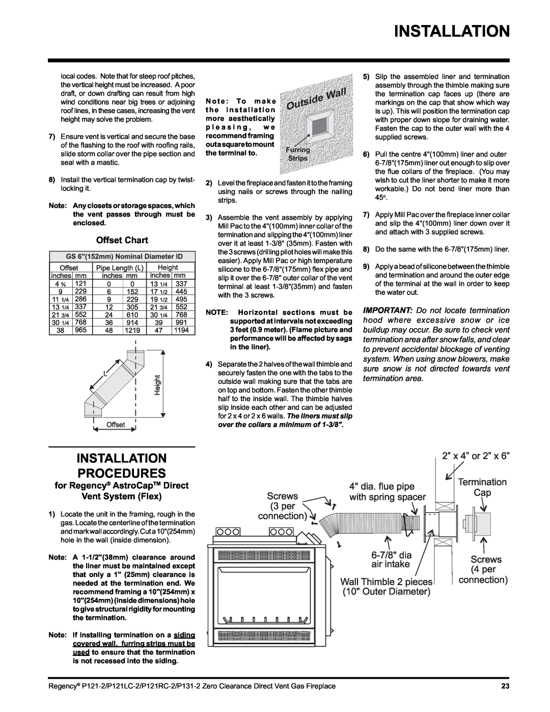 Regency P131, P121RC, P121LC Installation Procedures, Offset Chart, for Regency AstroCapTM Direct Vent System Flex 