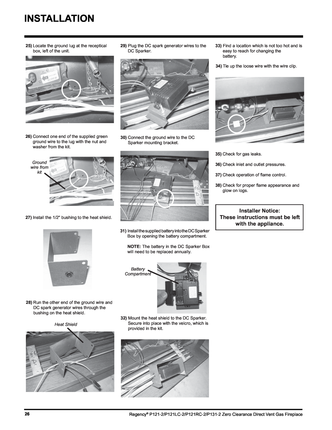 Regency P121LC Installer Notice These instructions must be left, with the appliance, Ground wire from kit, Heat Shield 
