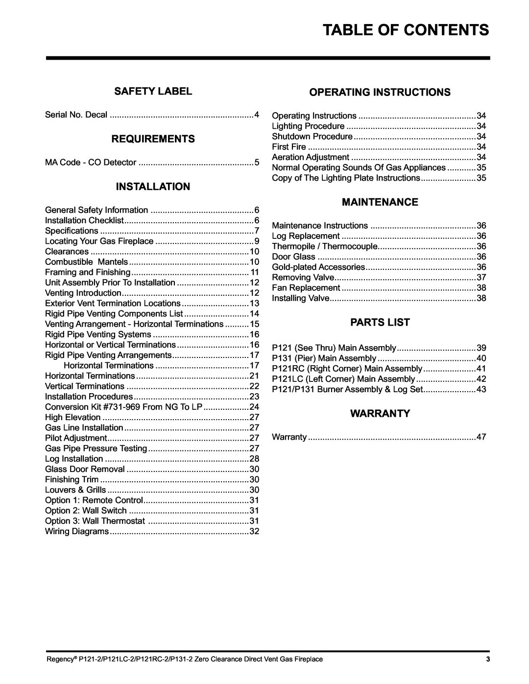 Regency P131, P121 Safety Label, Requirements, Installation, Maintenance, Parts List, Warranty, Operating Instructions 