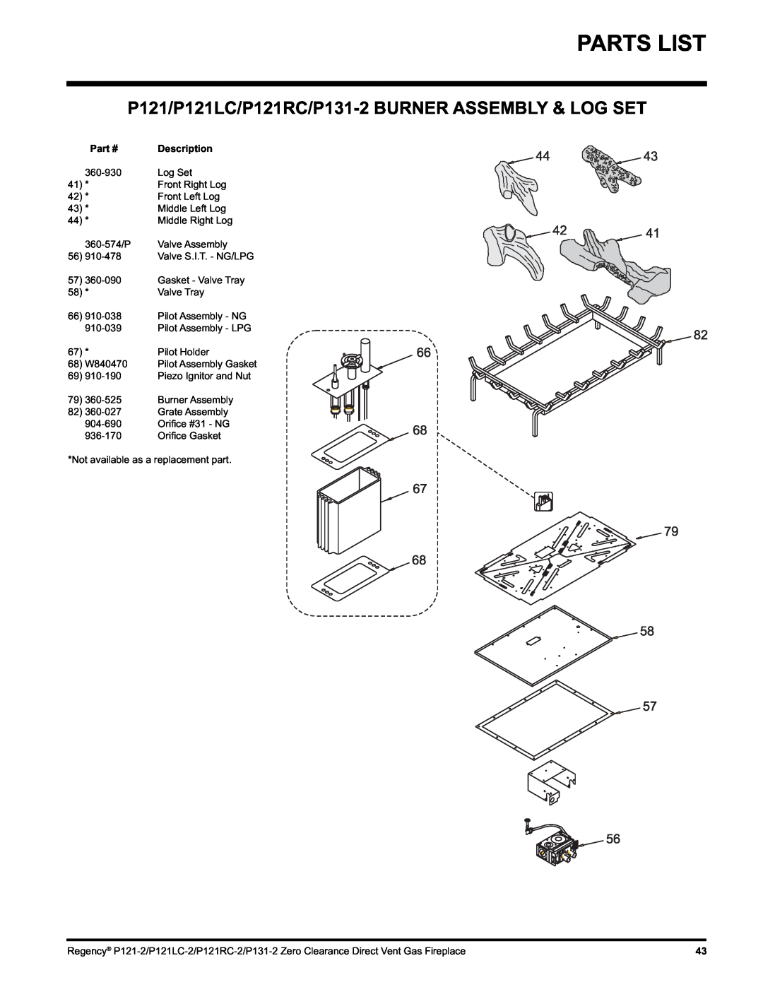 Regency P131, P121RC, P121LC installation manual Part #, Description 