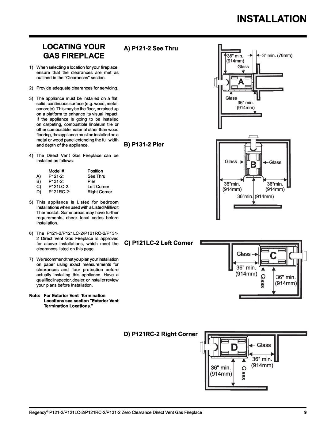 Regency P121LC installation manual Locating Your Gas Fireplace, A P121-2See Thru B P131-2Pier, D P121RC-2Right Corner 