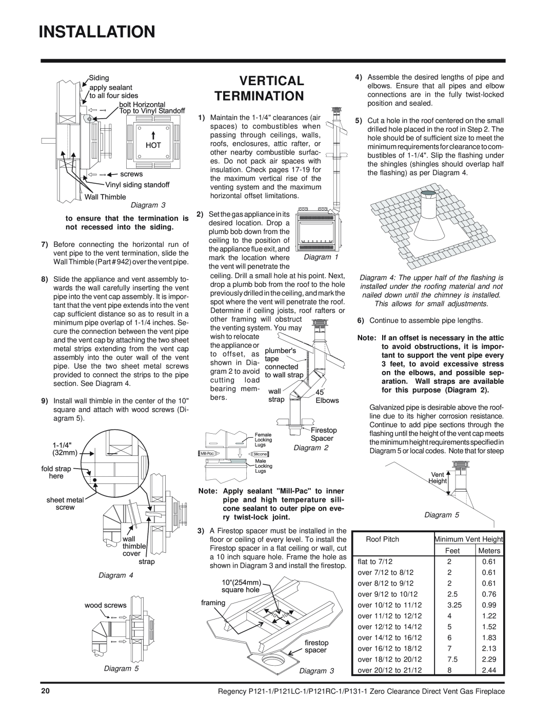 Regency P121RC, P121LC, P131 Installation, Vertical Termination, Diagram Diagram, This allows for small adjustments 