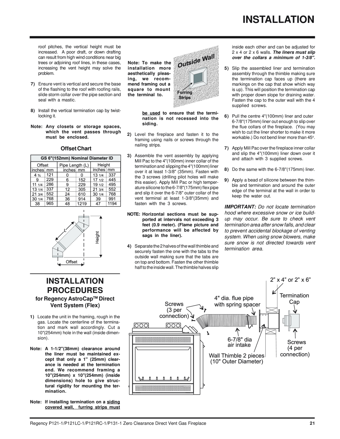 Regency P121RC, P121LC, P131 Installation Procedures, Offset Chart, for Regency AstroCapTM Direct Vent System Flex 