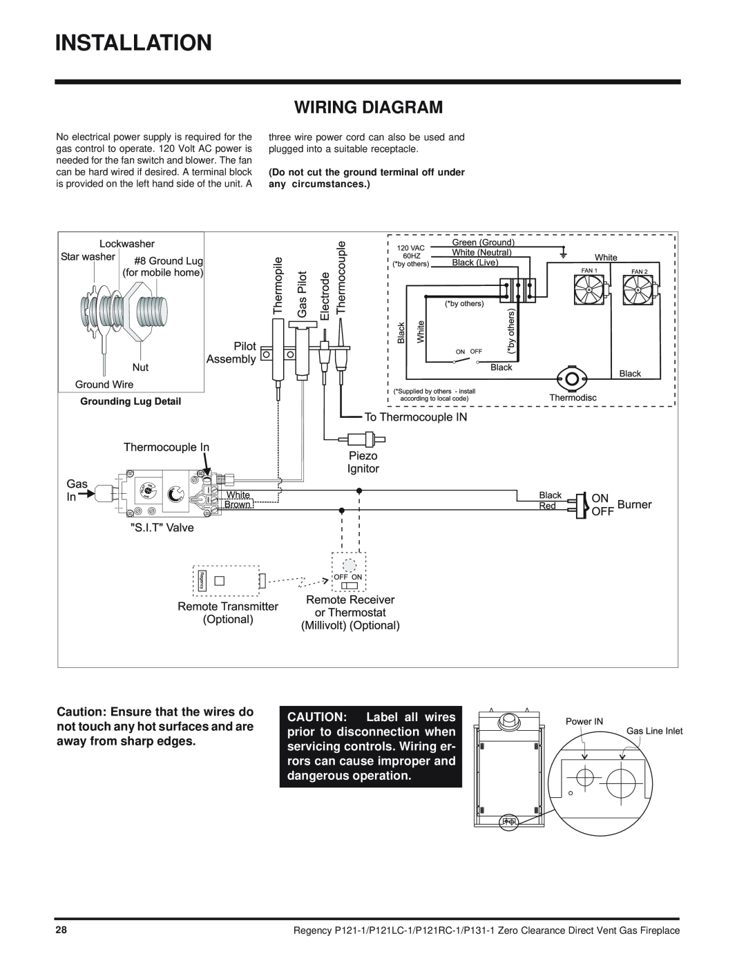 Regency P121RC, P121LC, P131 installation manual Installation, Wiring Diagram 