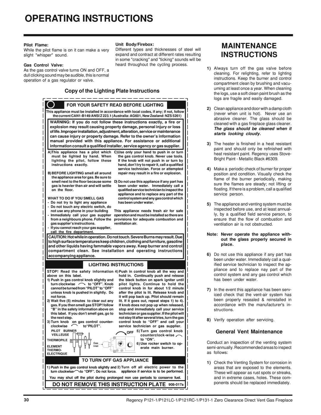 Regency P121LC, P121RC, P131 Operating Instructions, Maintenance Instructions, Copy of the Lighting Plate Instructions 
