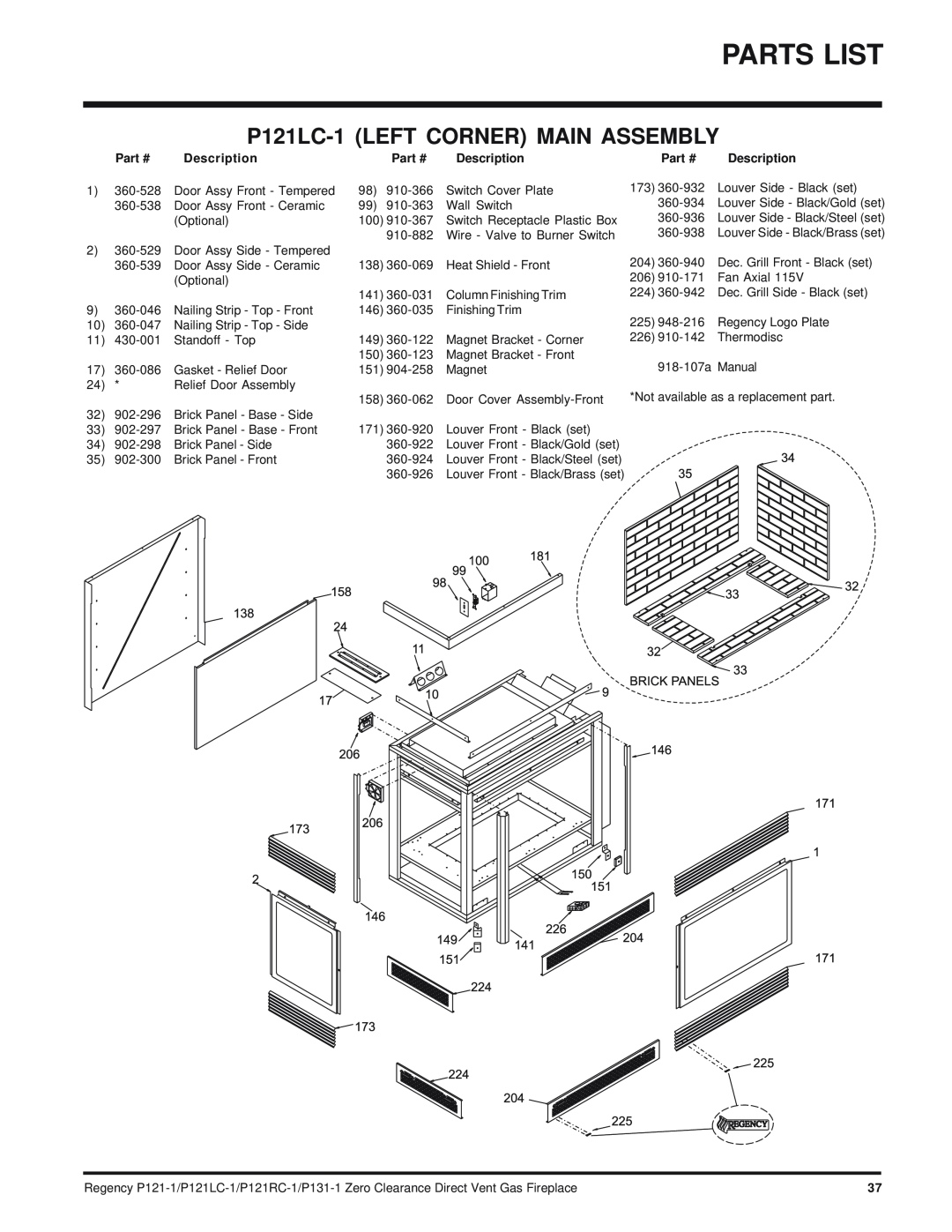 Regency P121RC, P131 installation manual Parts List, P121LC-1LEFT CORNER MAIN ASSEMBLY, Part # Description 