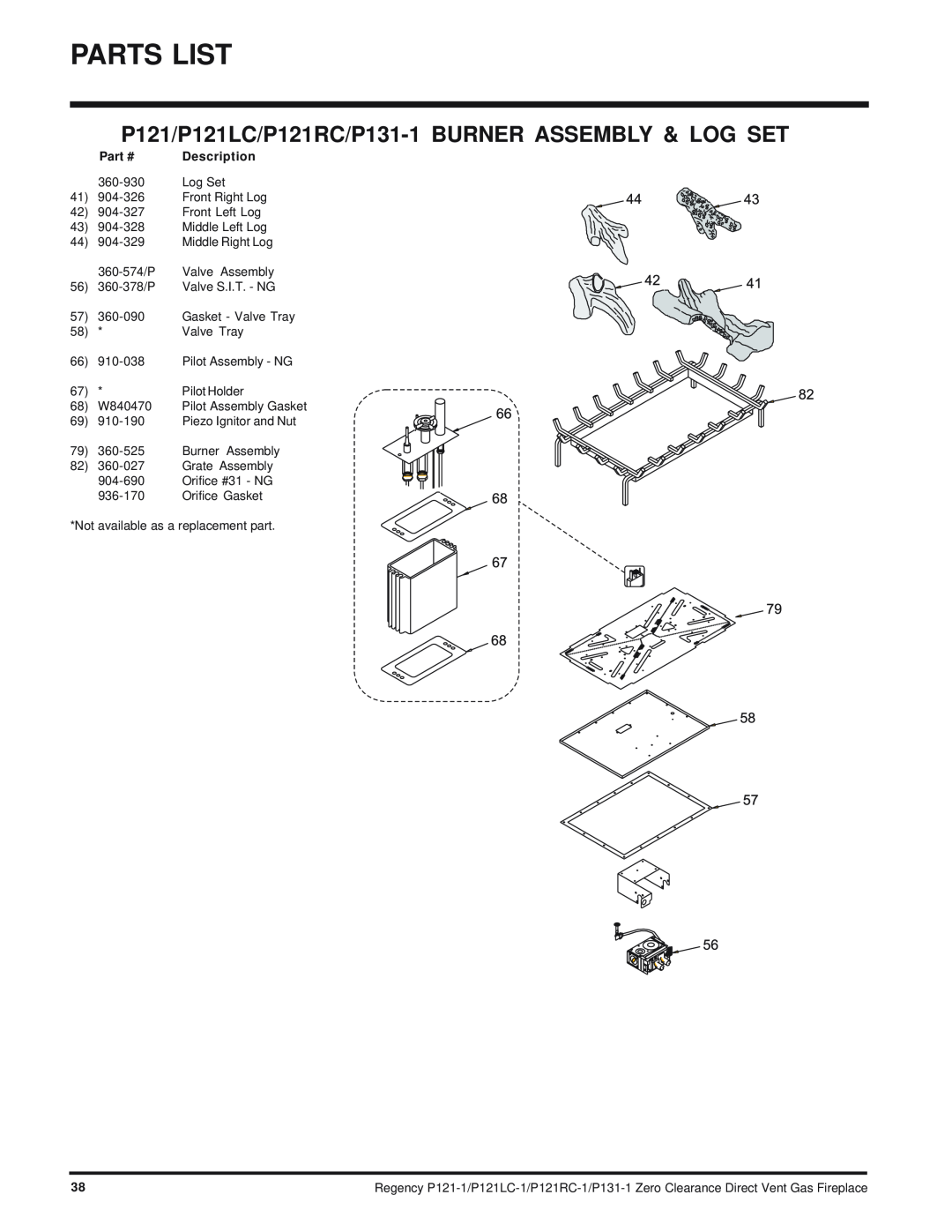 Regency P121LC, P121RC, P131 installation manual Parts List, Description 