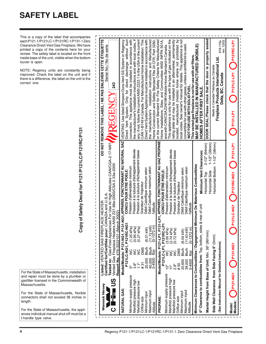 Regency installation manual Safety Label, Copy of Safety Decal for P121/P121LC/P121RC/P131 
