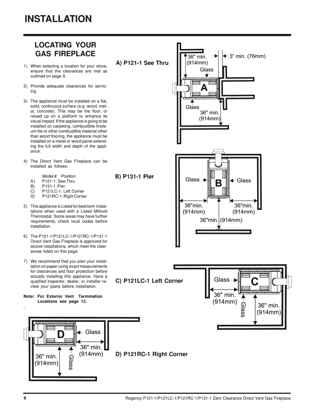 Regency P121RC, P121LC installation manual Installation, Locating Your Gas Fireplace, A P121-1See Thru B P131-1Pier 