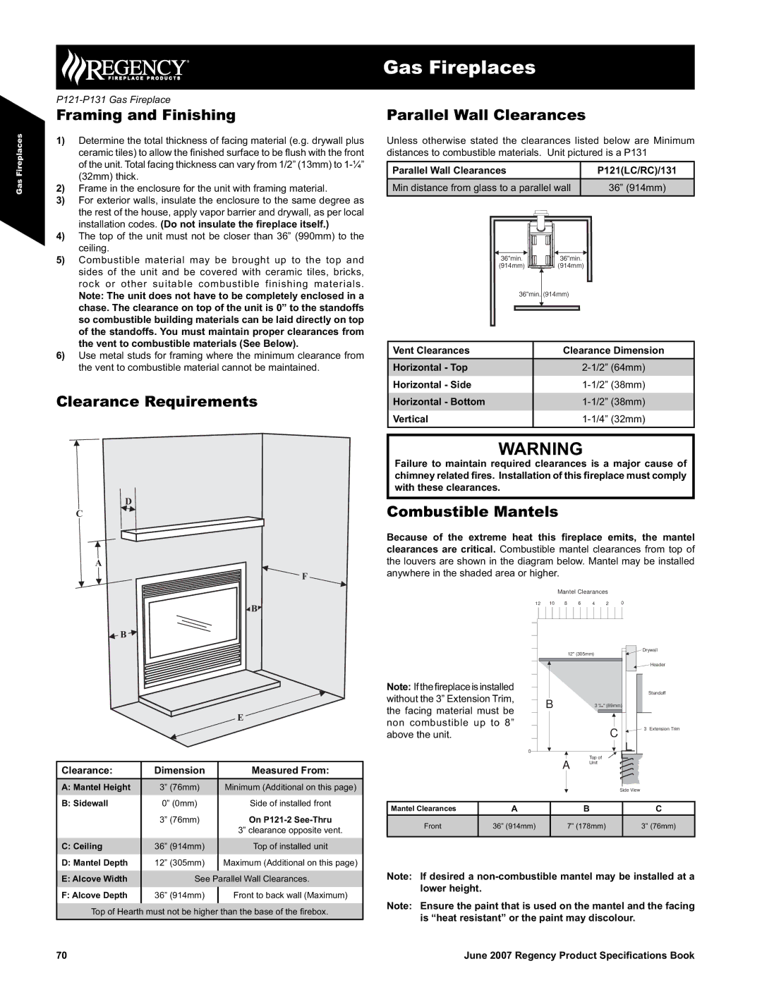 Regency P121/P131-LP2 Framing and Finishing, Clearance Requirements, Parallel Wall Clearances, Combustible Mantels 