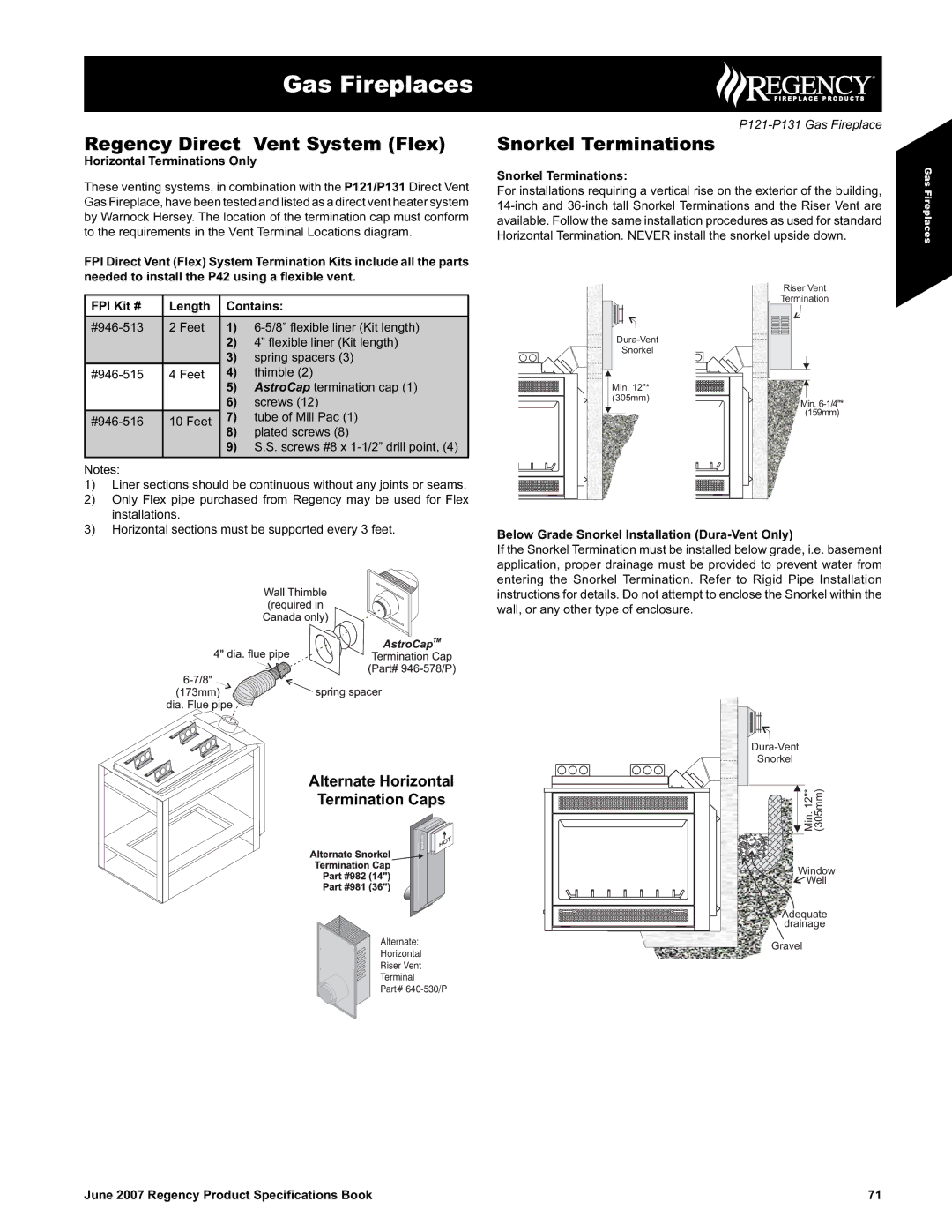 Regency P121/P131-NG2, P121/P131-LP2 Regency Direct Vent System Flex, Snorkel Terminations, Horizontal Terminations Only 