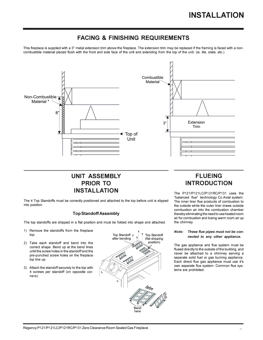 Regency P121-NG, P131-NG Facing & Finishing Requirements, Unit Assembly Prior to Installation, Flueing Introduction 