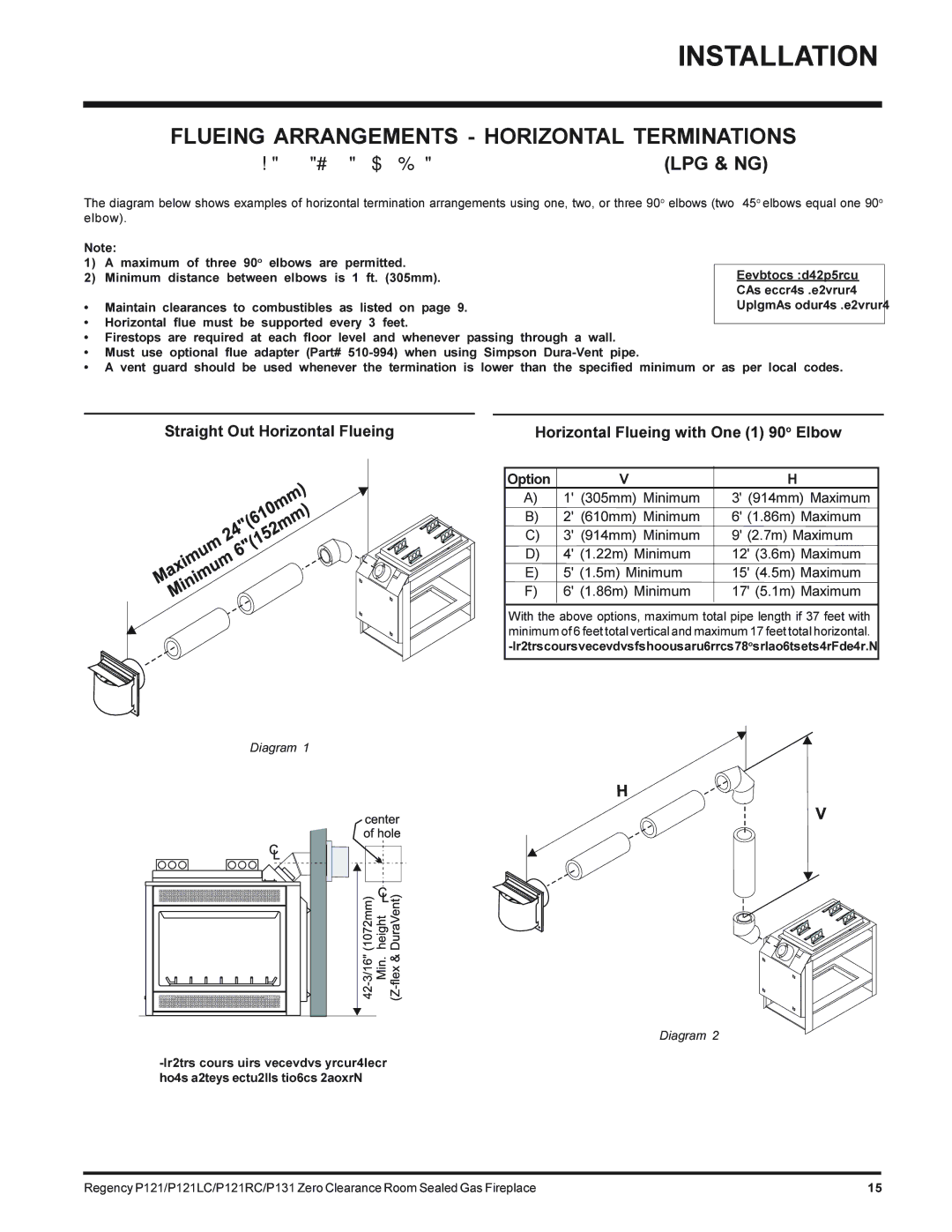 Regency P121-NG, P131-NG Flueing Arrangements Horizontal Terminations, Simpson DURA-VENT Direct Vent GS System LPG & NG 