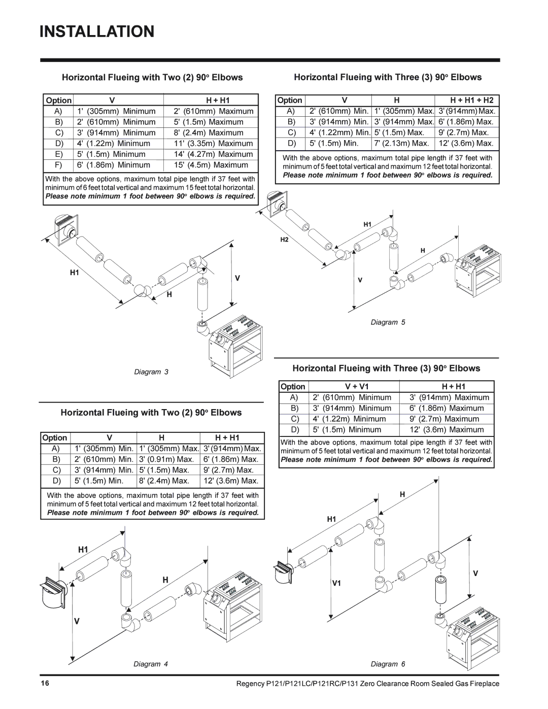 Regency P131-NG, P121LC-NG, P121RC-NG Horizontal Flueing with Two 2 90o Elbows, Horizontal Flueing with Three 3 90o Elbows 