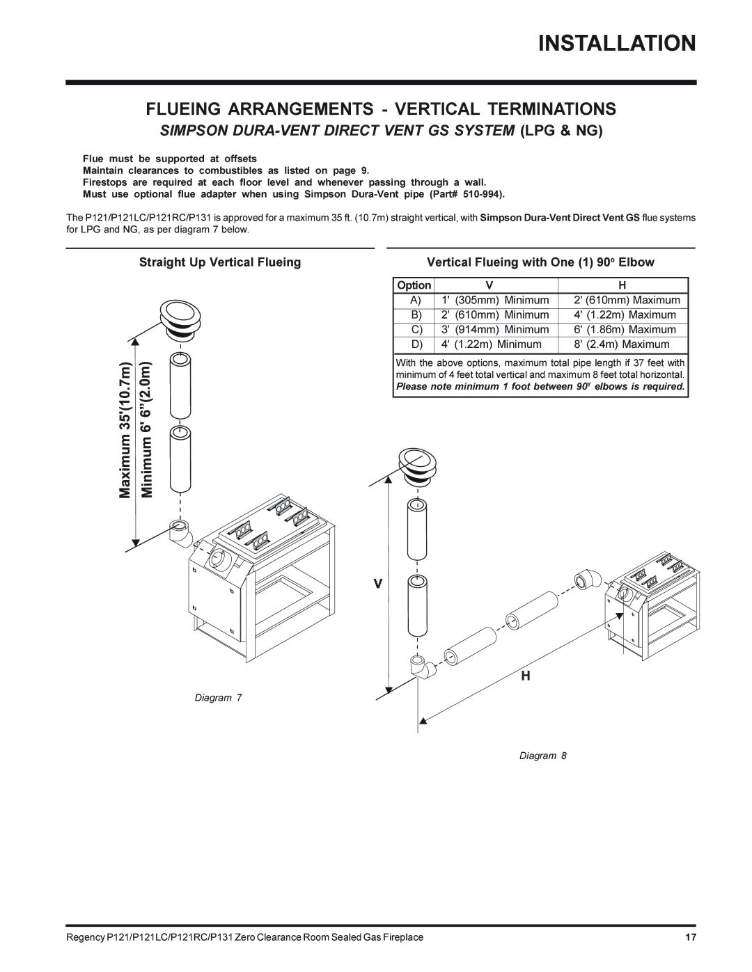 Regency P121LC-NG, P131-NG, P121RC-NG, P121-NG installation manual Flueing Arrangements Vertical Terminations 