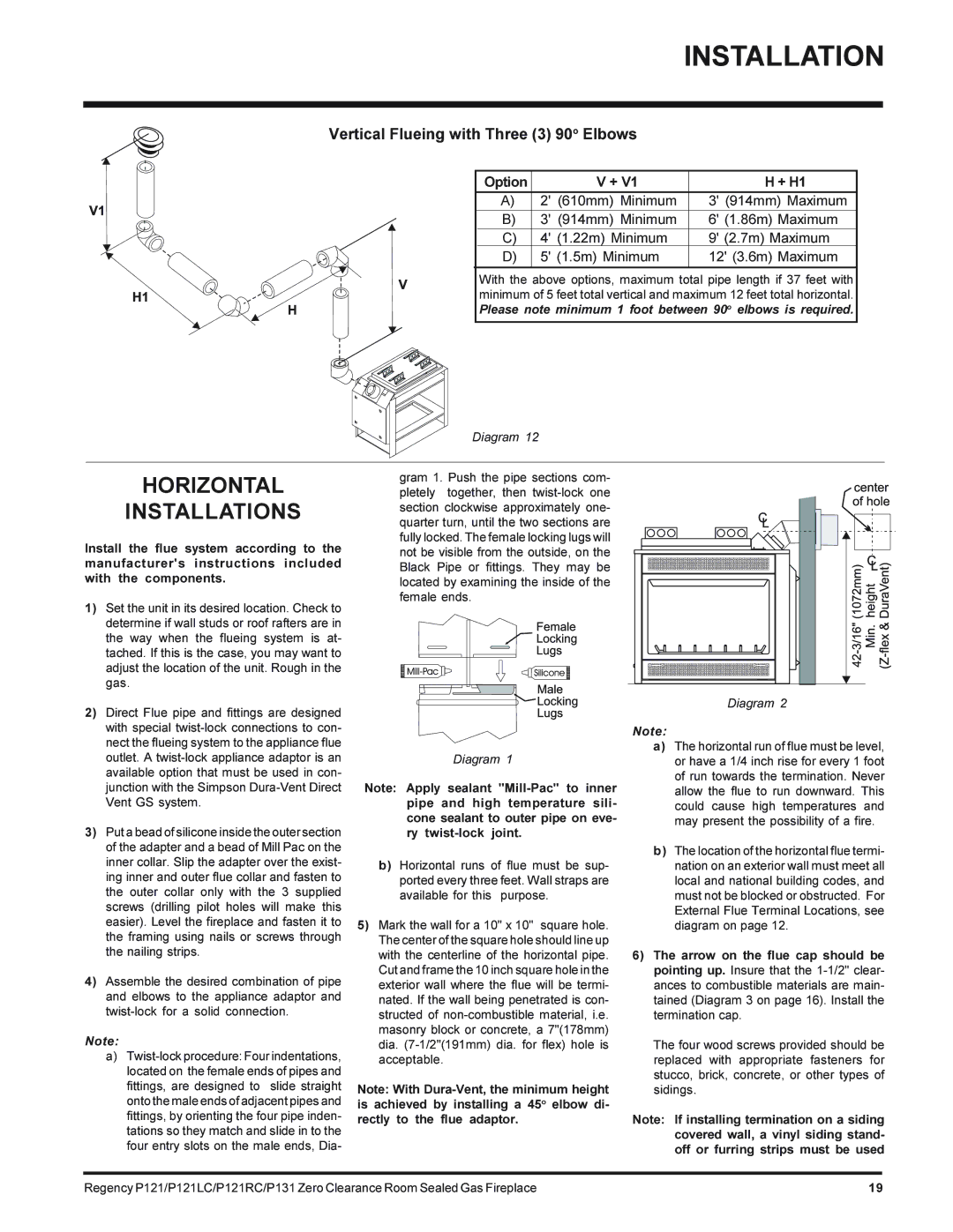 Regency P121-NG, P131-NG, P121LC-NG, P121RC-NG installation manual Horizontal Installations, Vent GS system 