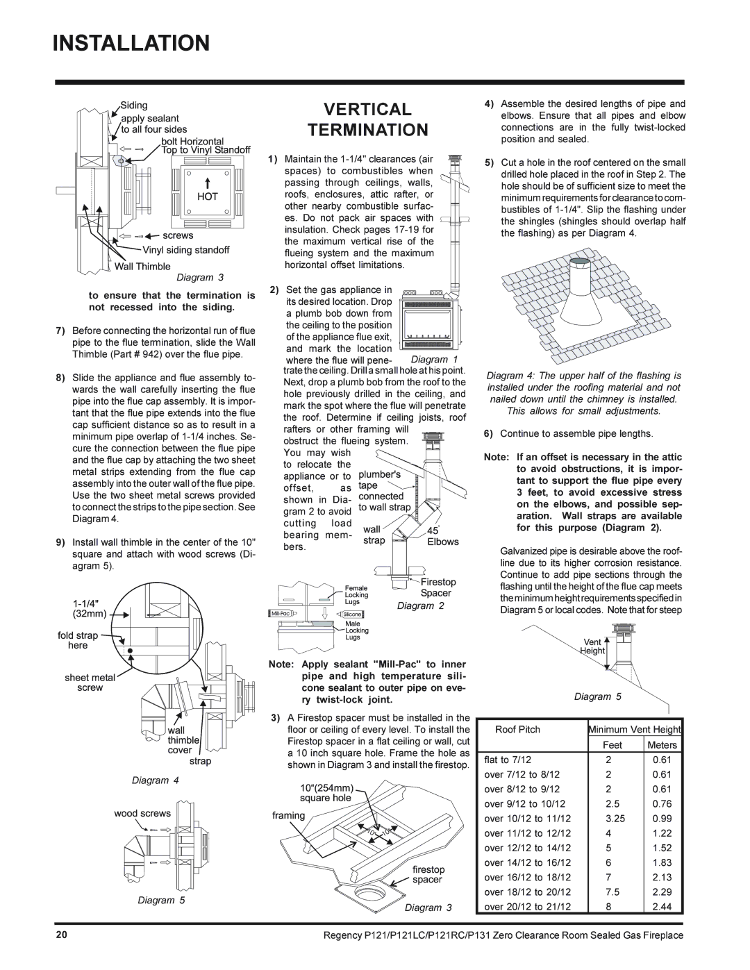 Regency P131-NG, P121LC-NG, P121RC-NG, P121-NG installation manual Vertical Termination, Where the flue will pene 