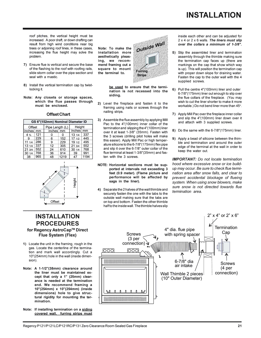 Regency P121LC-NG, P131-NG, P121RC-NG Installation Procedures, Offset Chart, For Regency AstroCapTM Direct Flue System Flex 