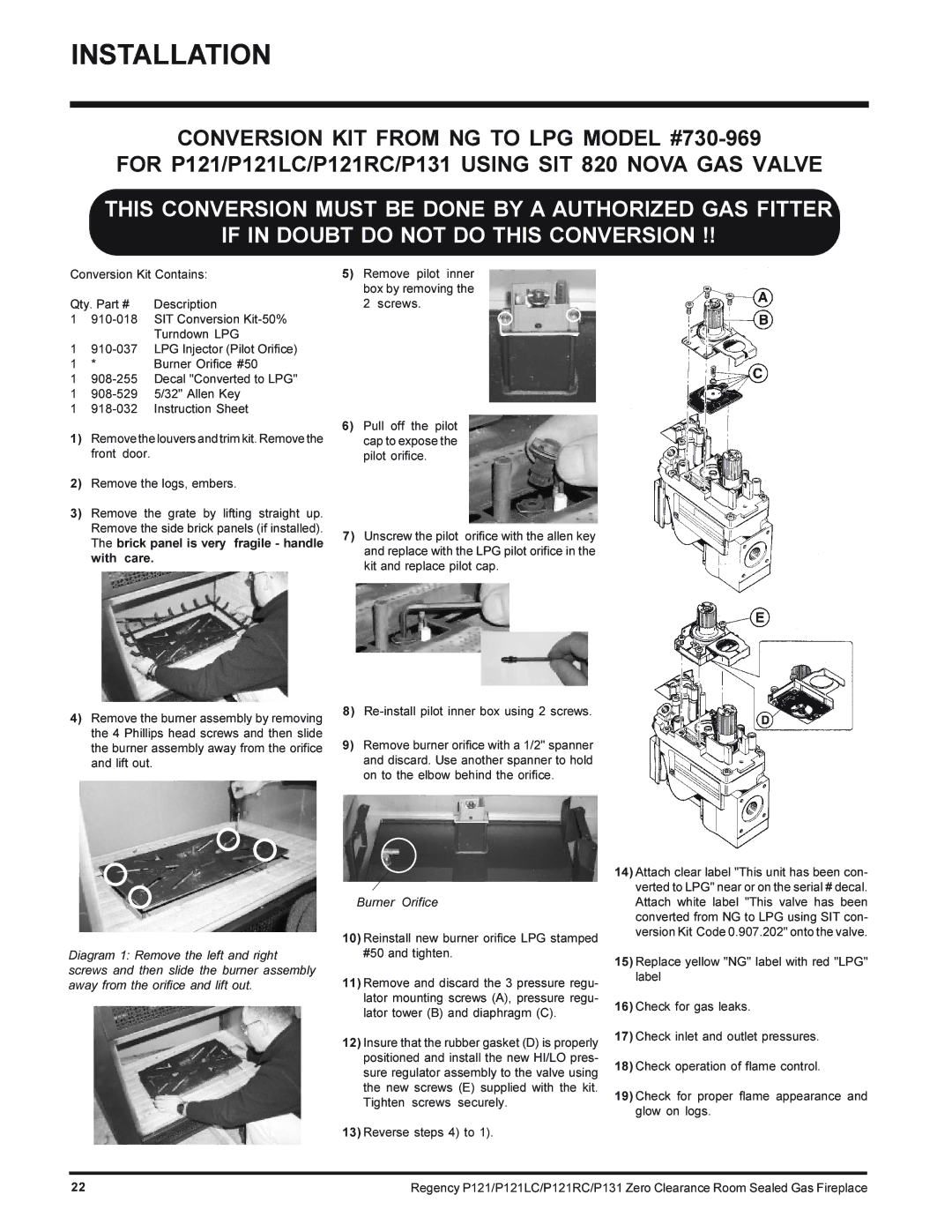 Regency P121RC-NG, P131-NG, P121LC-NG, P121-NG installation manual Burner Orifice 